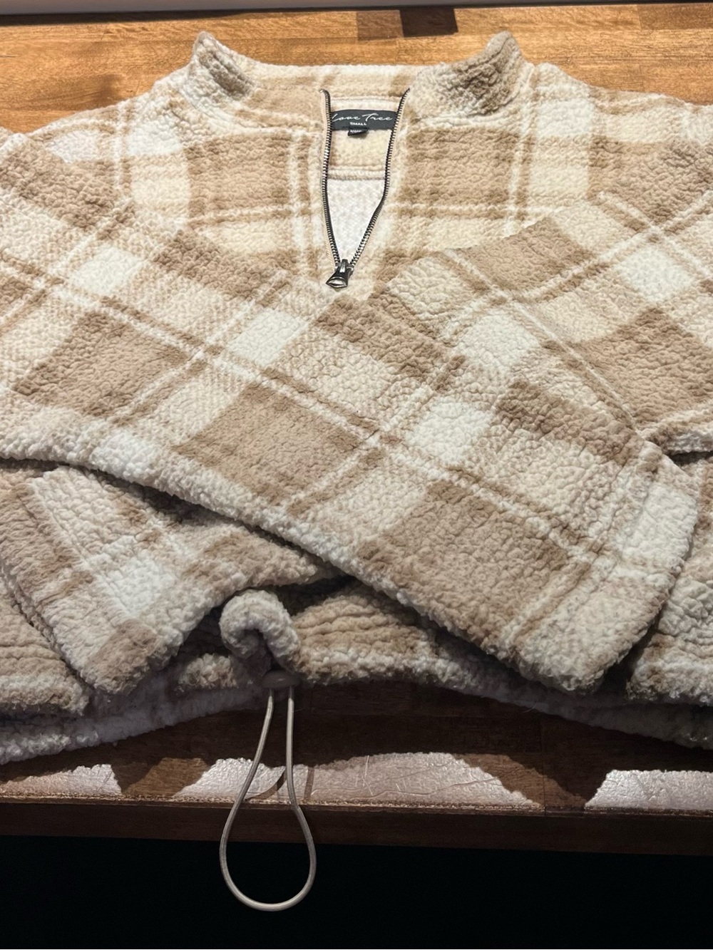 Love Tree Plaid Sherpa Half-Zip Pullover - Cream & Tan - Picture 3 of 7